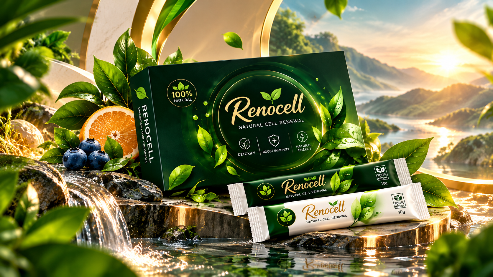 Renocell box and sachets surrounded by green leaves